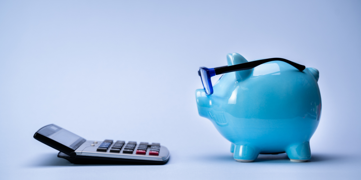 piggy bank wearing glasses looking at a calculator