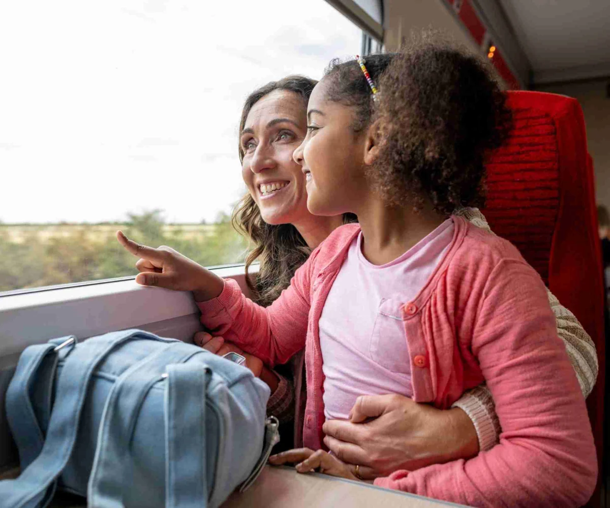 Women And Child On Train Smiling Out The Window
